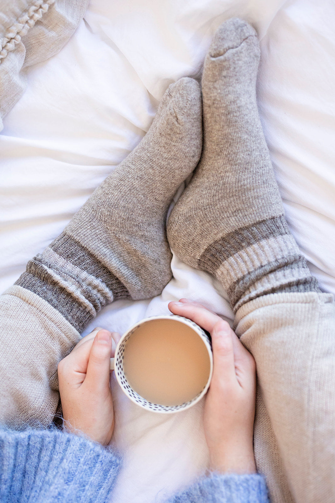 Toasty Toes Woollen multi-striped ribbed crew socks - Latte