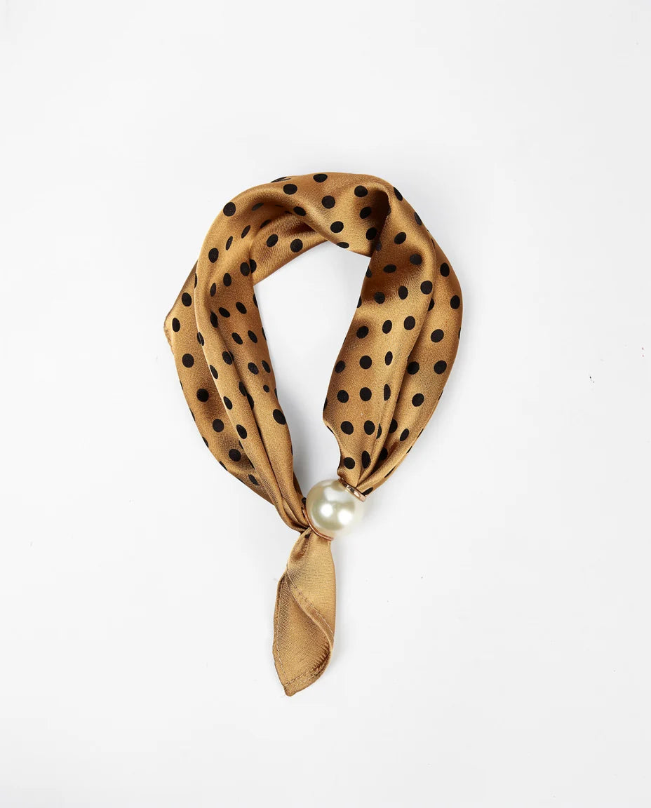 Neck Scarf: Tan & Black Dots with pearl