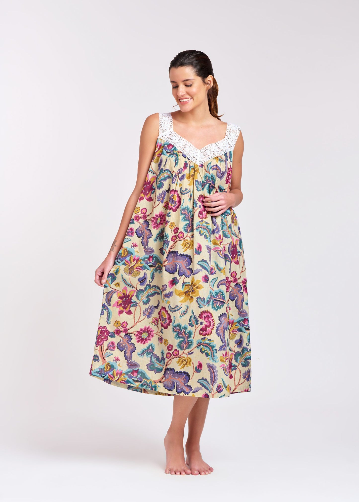 Arabella Cream with Purple Florals Lace V-Neck Nightie