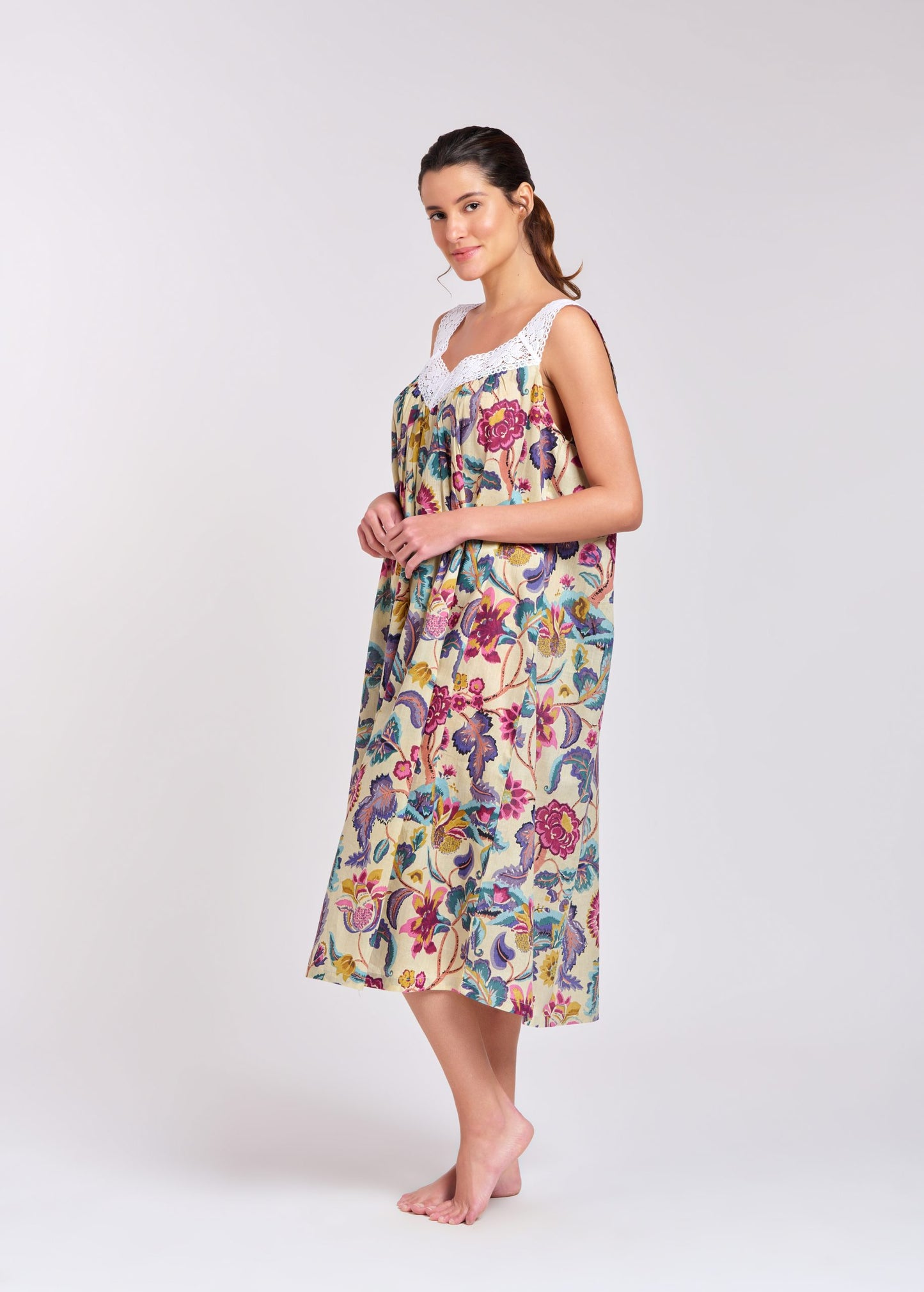 Arabella Cream with Purple Florals Lace V-Neck Nightie