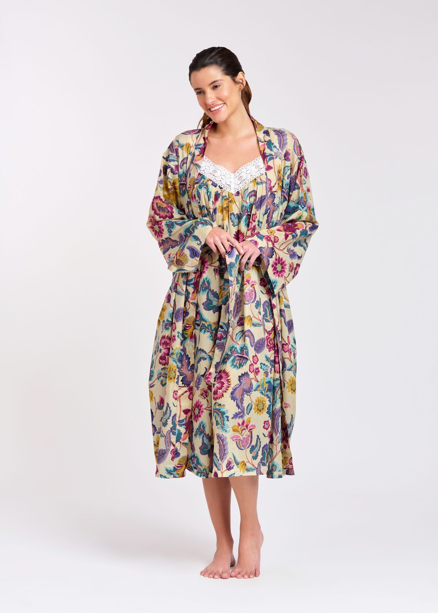Arabella Dressing Gown Purple & Pink Florals