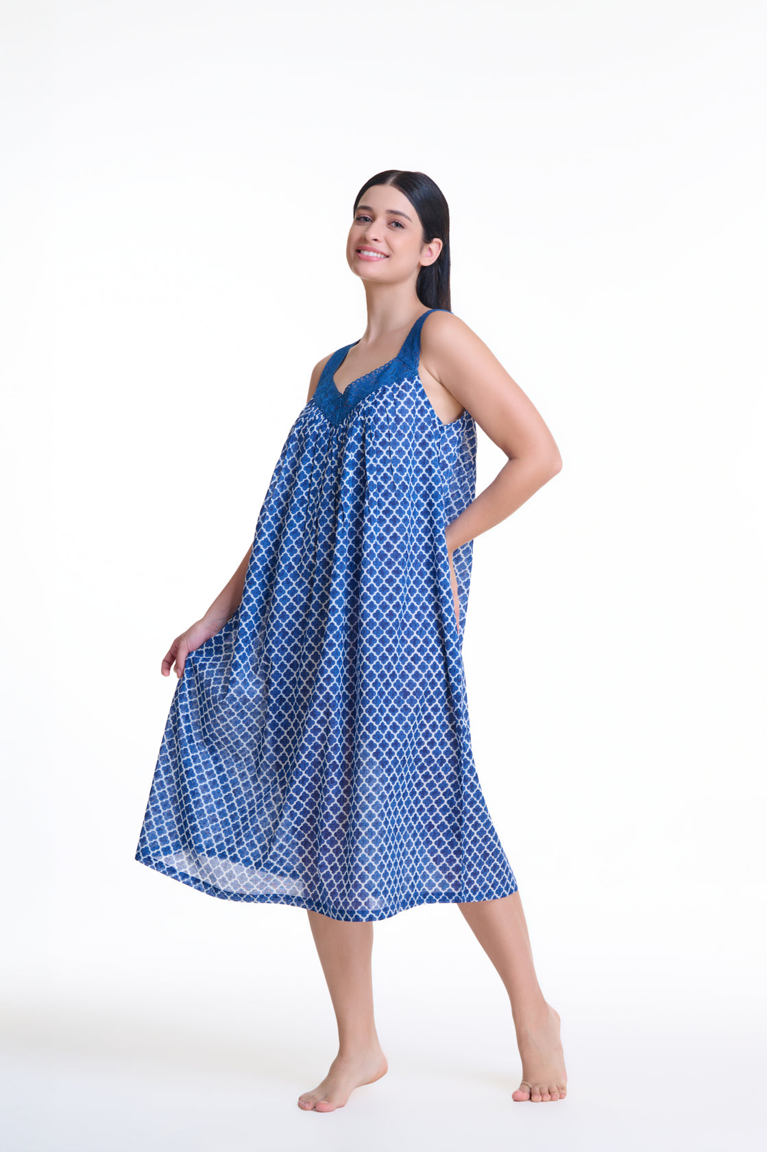 Arabella Blue Geometric Lace V-Neck Nightie