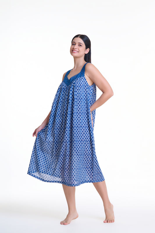Arabella Blue Geometric Lace V-Neck Nightie
