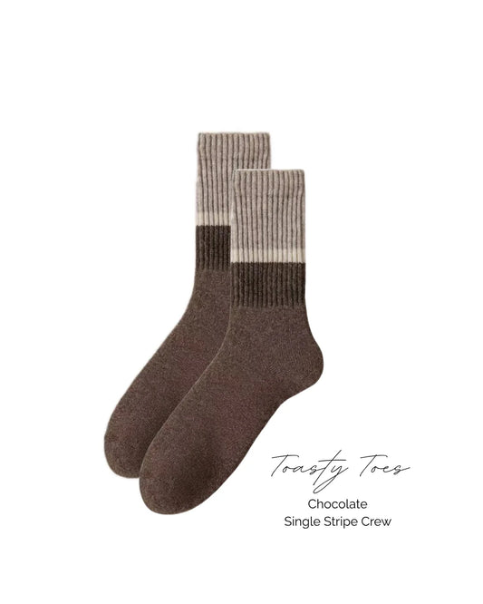 Toasty Toes Woollen single stripe ribbed crew socks - Chocolate