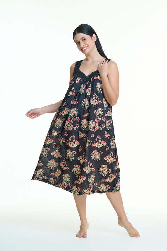 Arabella Black with Florals V-Neck Nightie