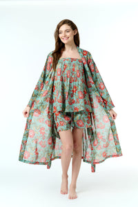 Arabella Dressing Gown Teal with Red Flowers