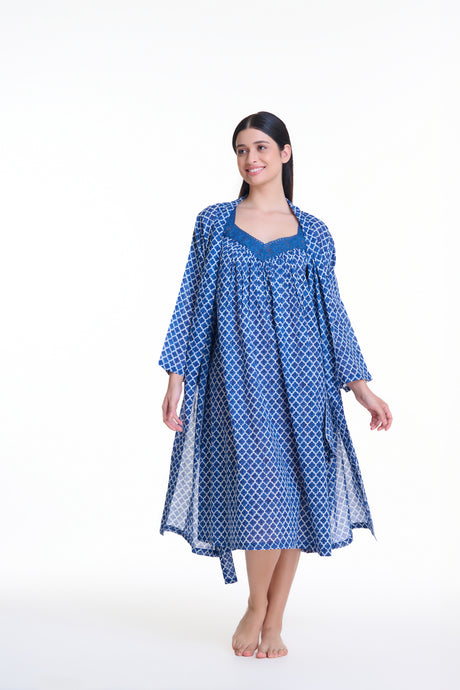 Arabella Dressing Gown Blue Geometric Print