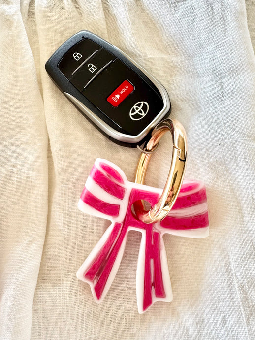 Stripey Bow resin Keychain Hot Pink