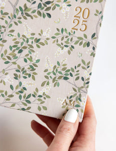 2025 Desktop Linen Bound Planner - WhiteBlossoms