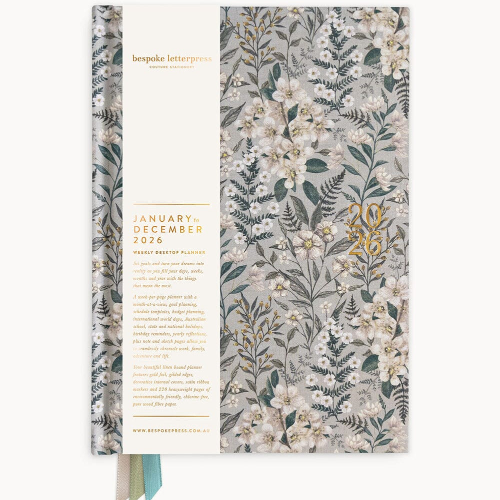 2026 Desktop Linen Bound Planner - Ivory Garden
