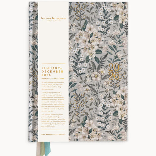 2026 Desktop Linen Bound Planner - Ivory Garden