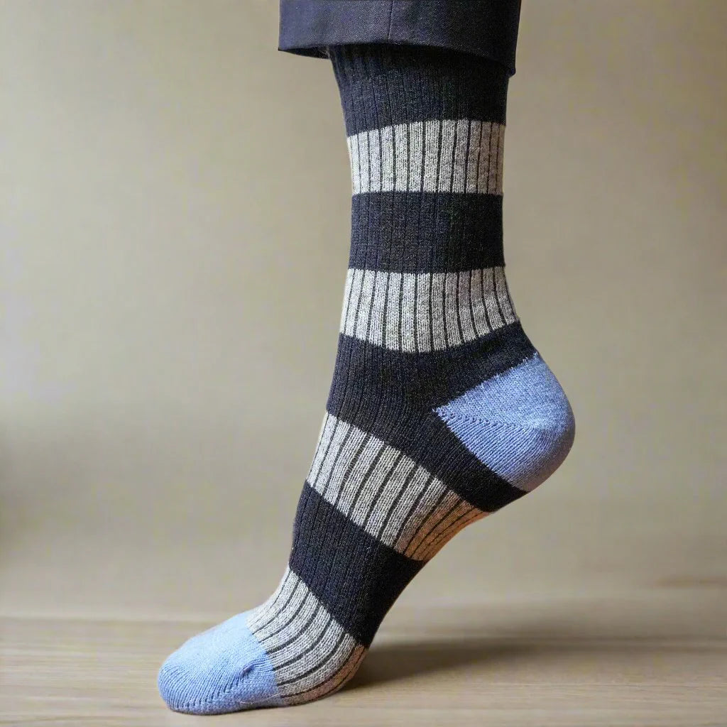 Merino Wool Navy, Grey & Light Blue Stripe Socks