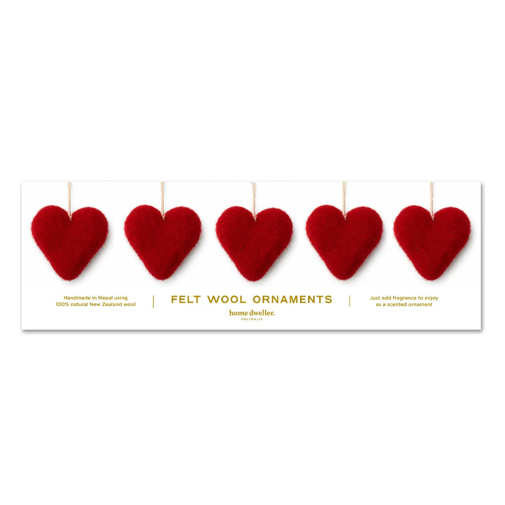 Felt Wool Heart Ornament Set - Red