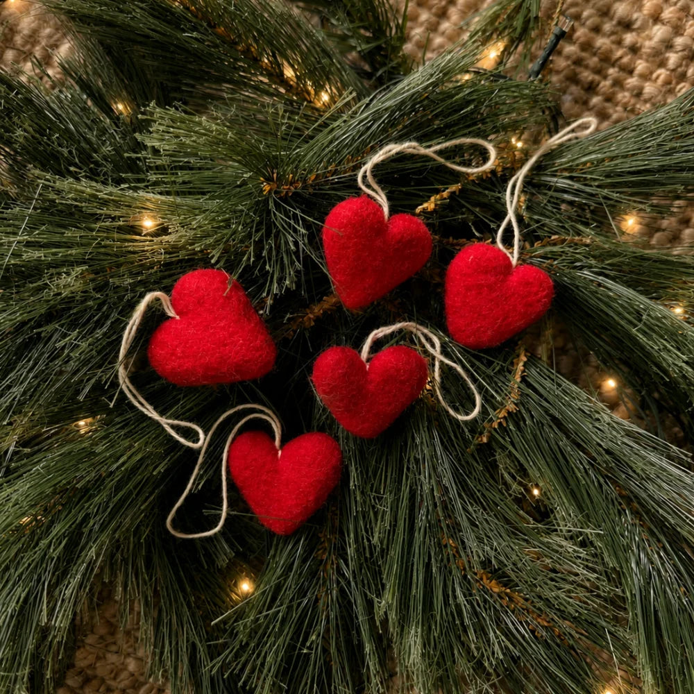 Felt Wool Heart Ornament Set - Red