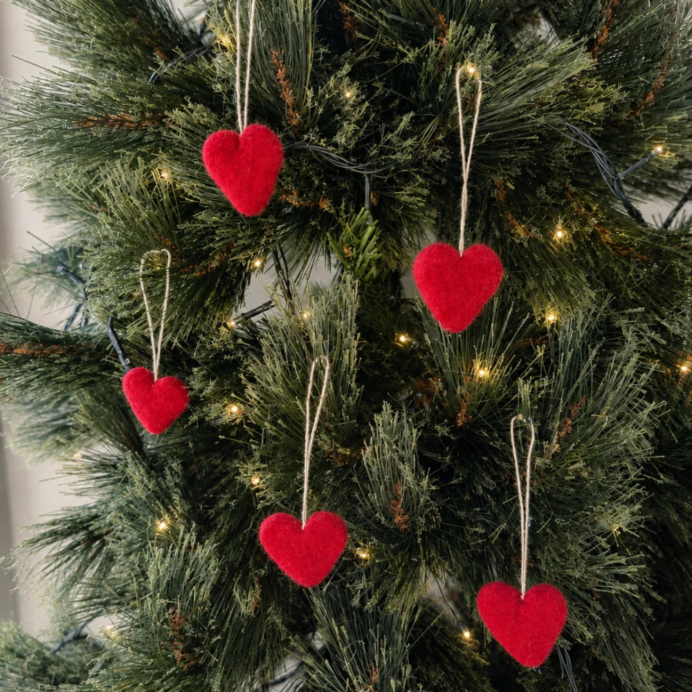 Felt Wool Heart Ornament Set - Red