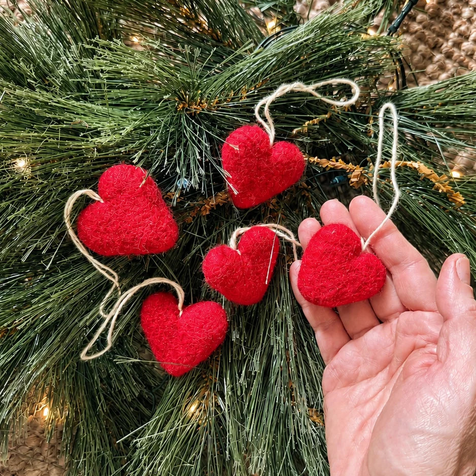Felt Wool Heart Ornament Set - Red