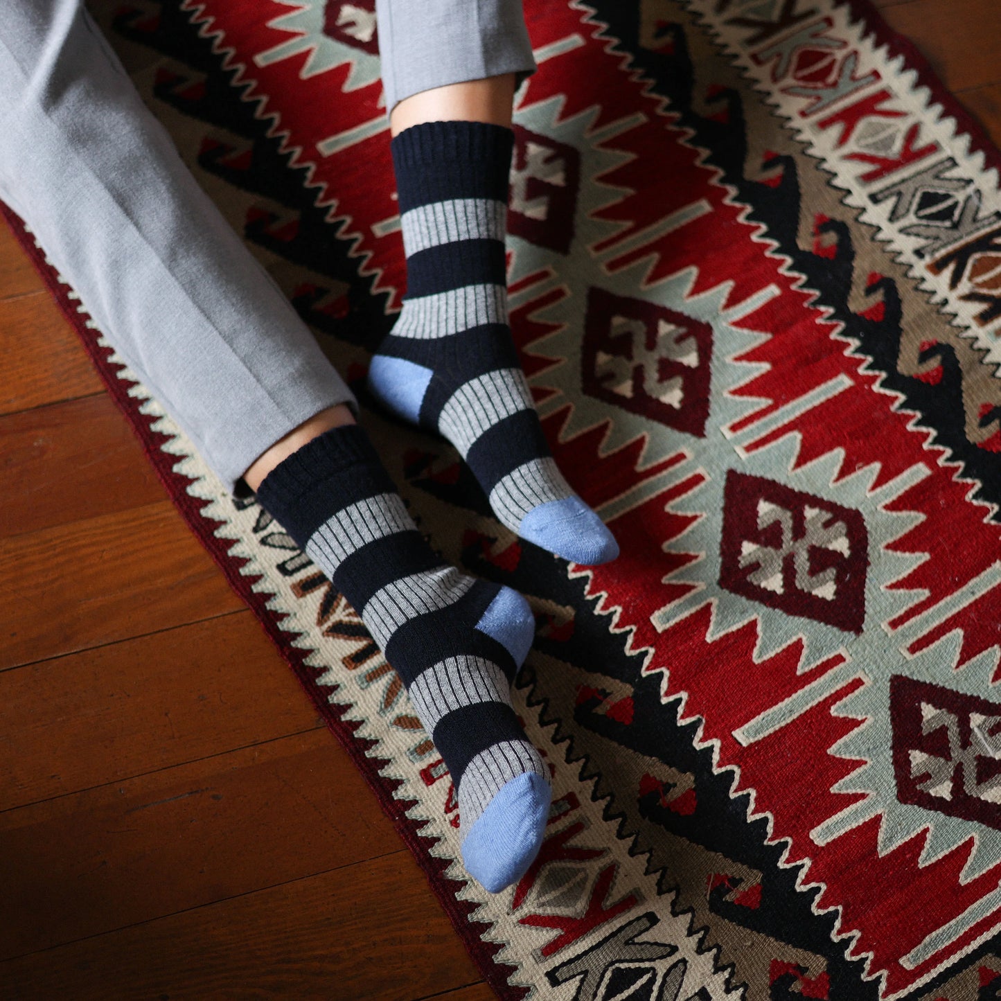 Merino Wool Navy, Grey & Light Blue Stripe Socks