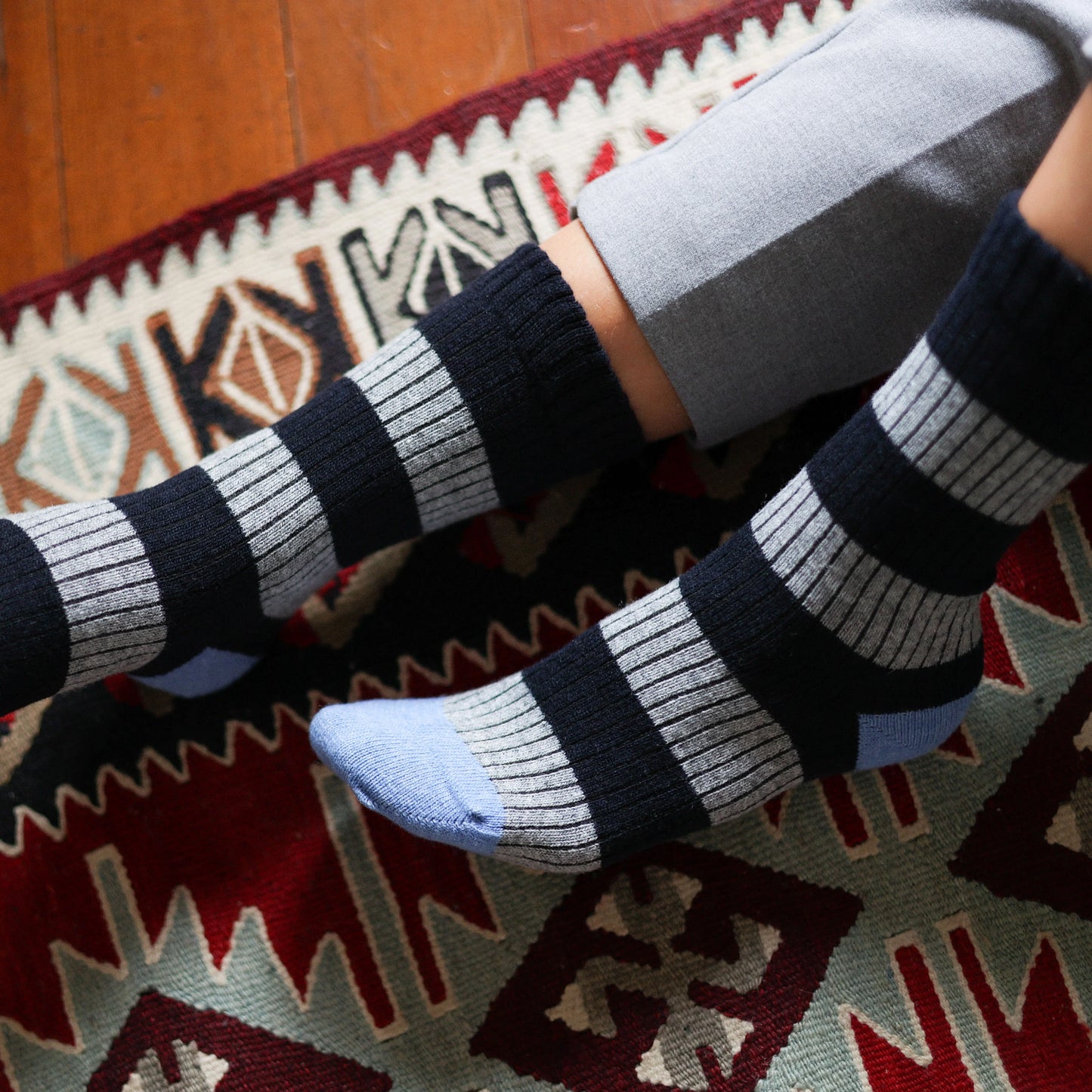 Merino Wool Navy, Grey & Light Blue Stripe Socks