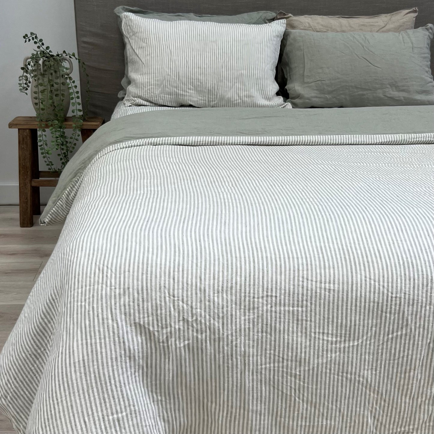 Sage Stripe Linen Quilt Cover