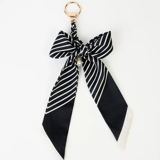 Keychain Black & White Stripe Bow with Pearl