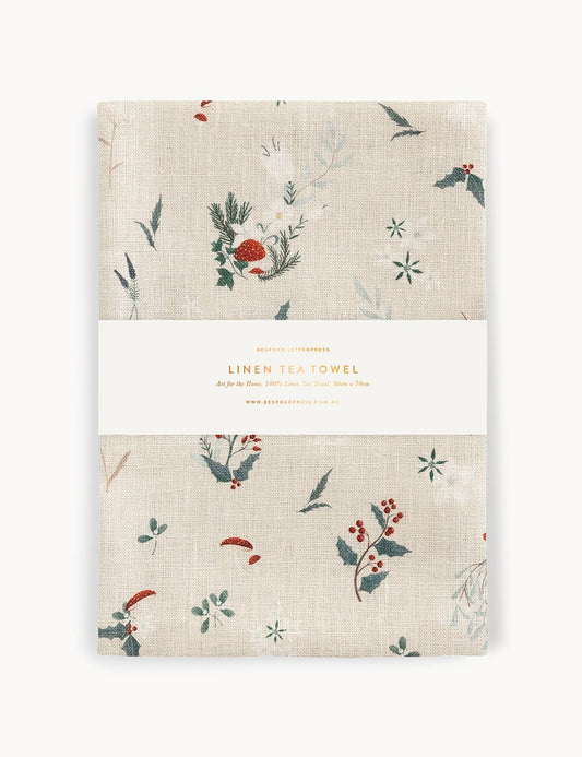 Heirloom Christmas Holly Linen Tea Towel