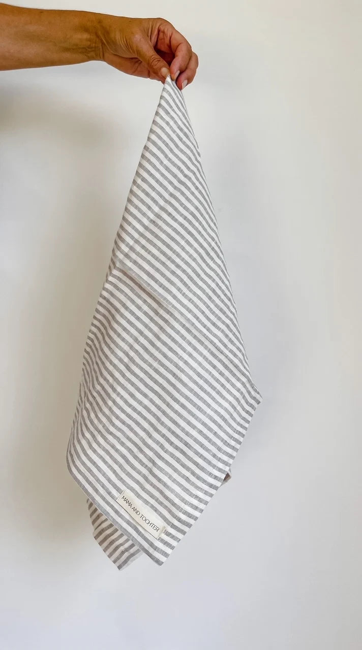 Pure French Linen Tea Towel  - Grey Stripe