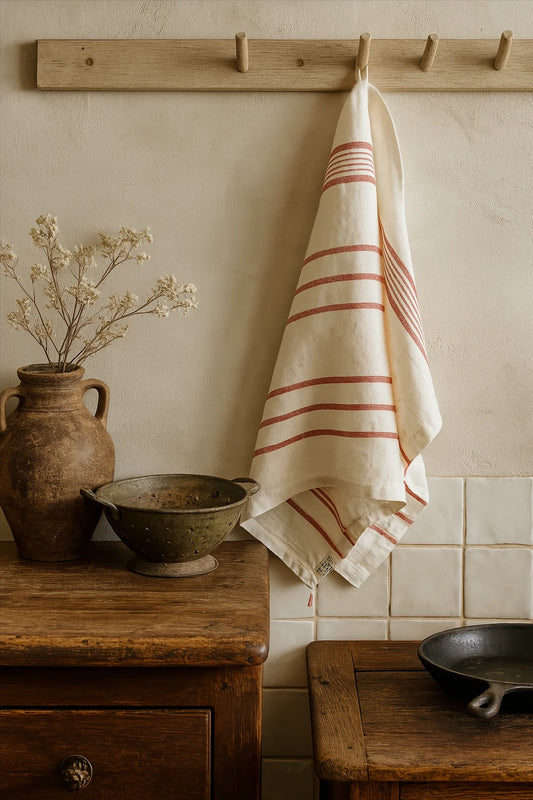 Pure French Linen Tea Towel  - Rust Stripe