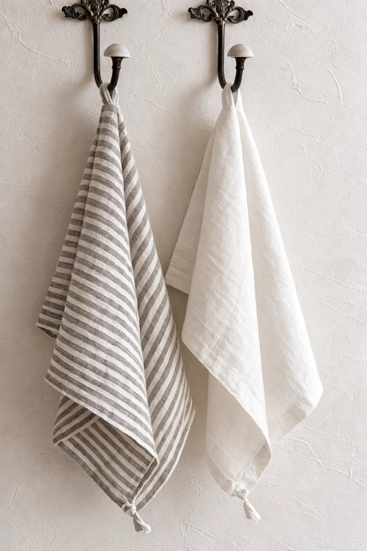 Pure French Linen Tea Towel  - Grey Stripe