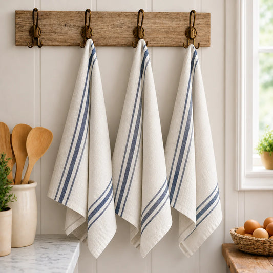 Pure French Linen Tea Towel  - Vintage Stripe Navy