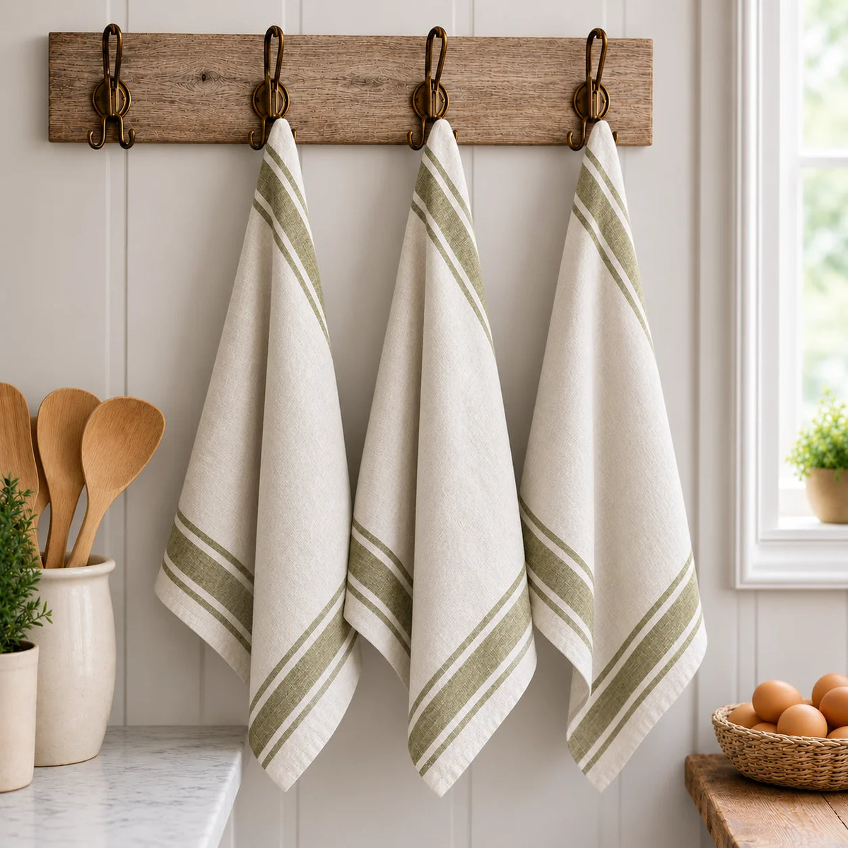 Pure French Linen Tea Towel  - Vintage Stripe Olive
