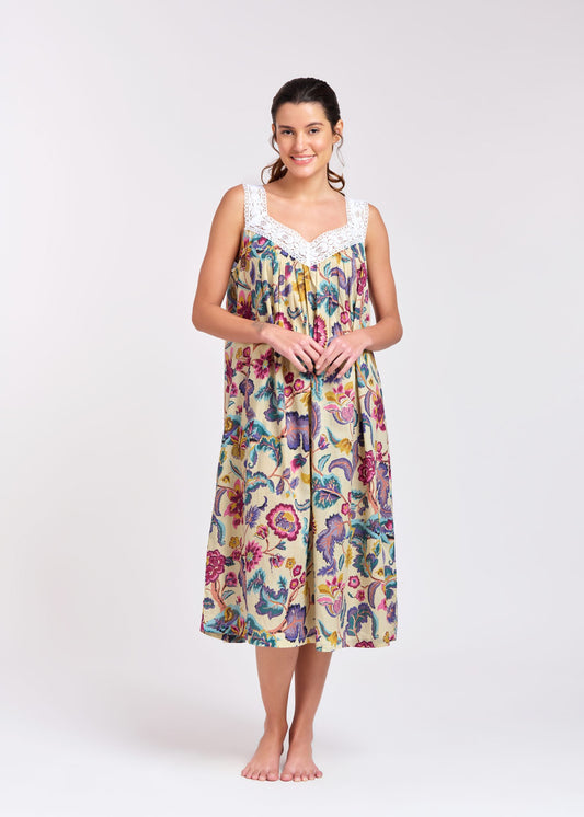Arabella Cream with Purple Florals Lace V-Neck Nightie