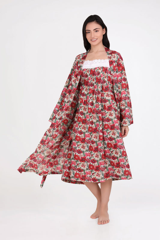 Arabella Dressing Gown Red & Pink Florals
